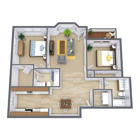 Floor plan for 2 beds, 2 baths, 980 sqft
