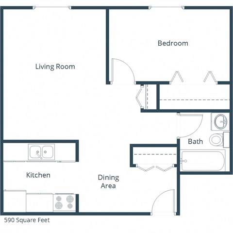 Floor plan for 1 bed, 1 bath, 590 sqft