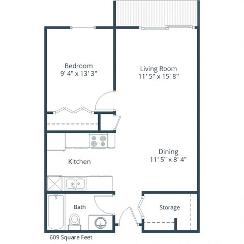 Floor plan for 1 bed, 1 bath, 609 sqft
