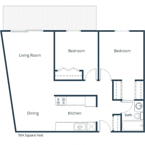 Floor plan for 2 beds, 1 bath, 904 sqft
