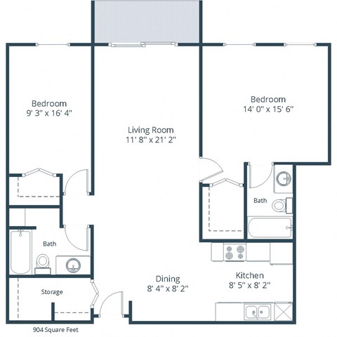 Floor plan for 2 beds, 2 baths, 904 sqft