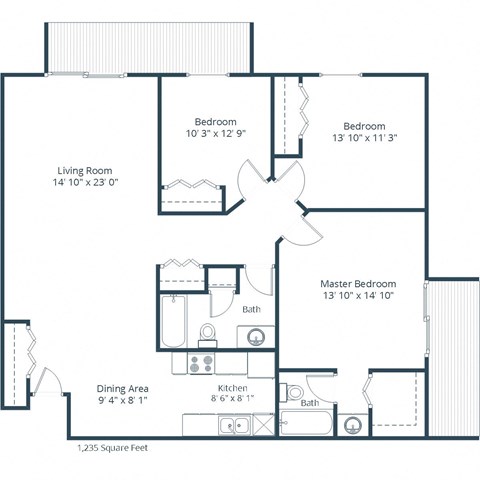 Floor plan for 3 beds, 2 baths, 1235 sqft