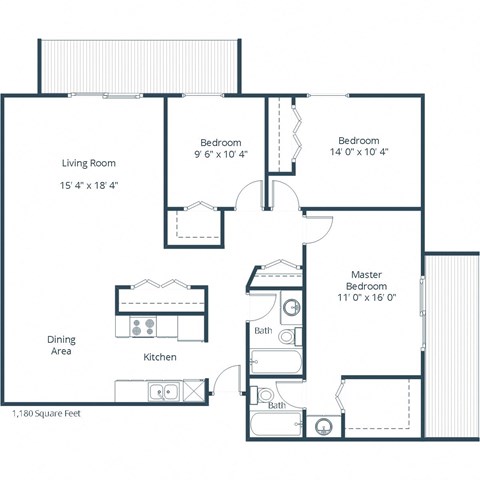 Floor plan for 3 beds, 2 baths, 1180 sqft