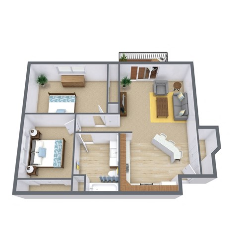 Floor plan for 2 beds, 1 bath, 861 sqft