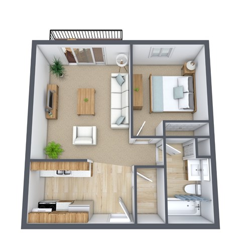 Floor plan for 1 bed, 1 bath, 580 sqft