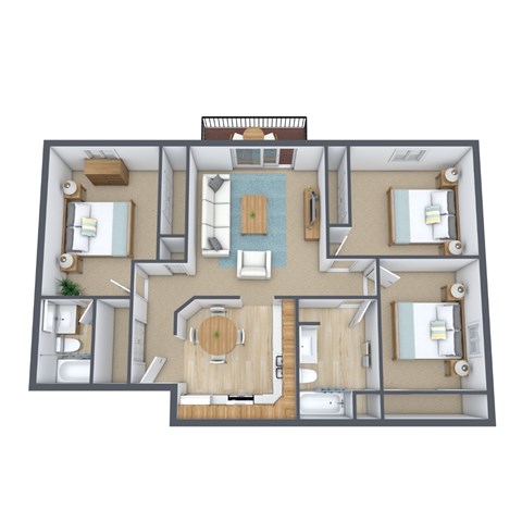 Floor plan for 3 beds, 2 baths, 1096 sqft