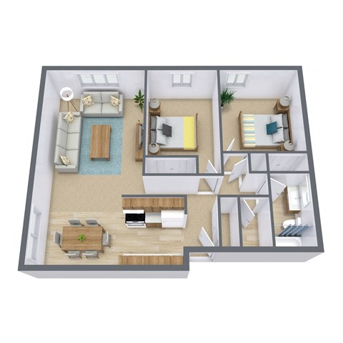 Floor plan for 2 beds, 1 bath, 740 sqft