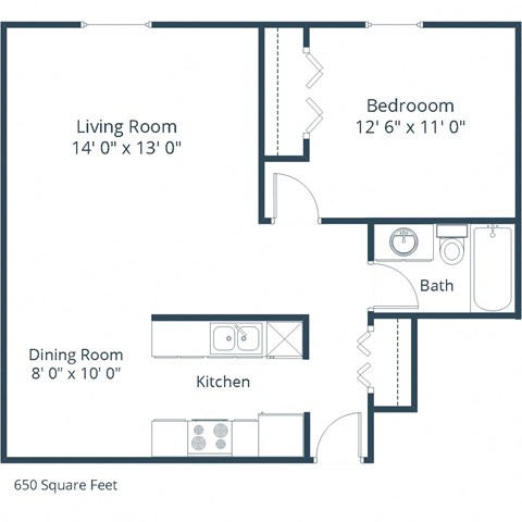 Floor plan for 1 bed, 1 bath, 630 sqft