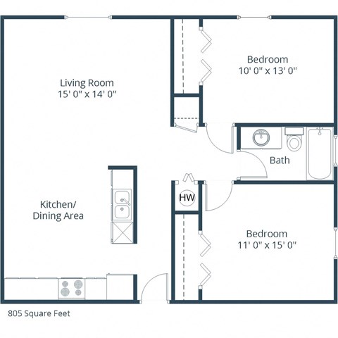 Floor plan for 2 beds, 1 bath, 850 sqft