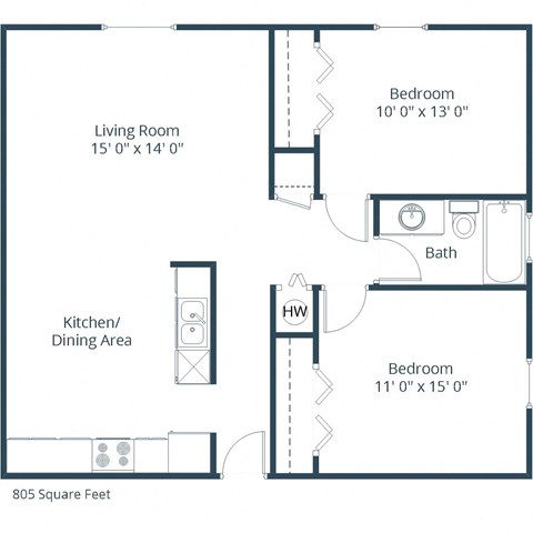 Floor plan for 2 beds, 1 bath, 850 sqft