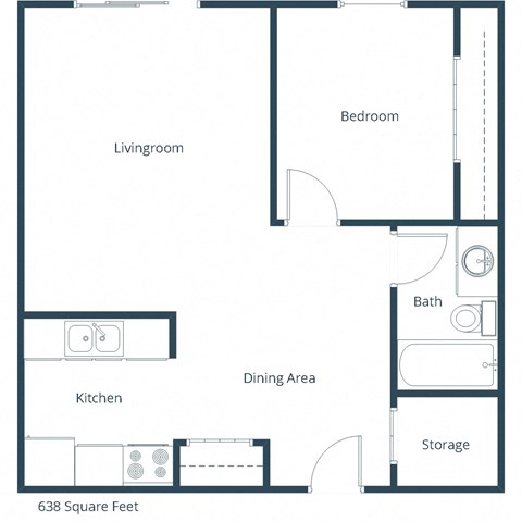 Floor plan for 1 bed, 1 bath, 638 sqft