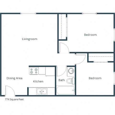Floor plan for 2 beds, 1 bath, 774 sqft