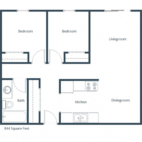 Floor plan for 2 beds, 1 bath, 844 sqft