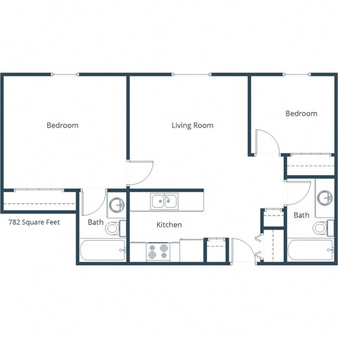 Floor plan for 2 beds, 2 baths, 782 sqft