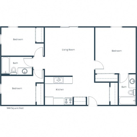 Floor plan for 3 beds, 2 baths, 944 sqft