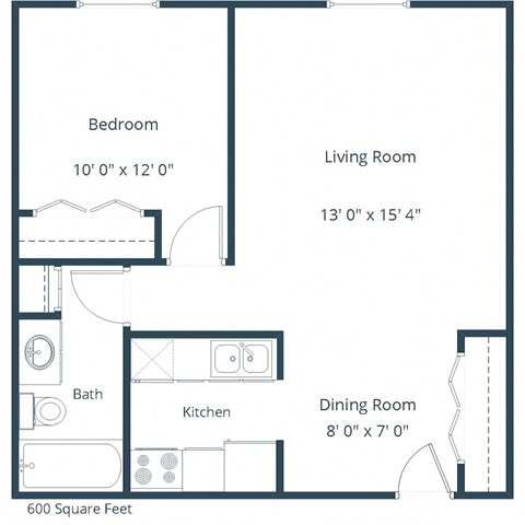 Floor plan for 1 bed, 1 bath, 600 sqft