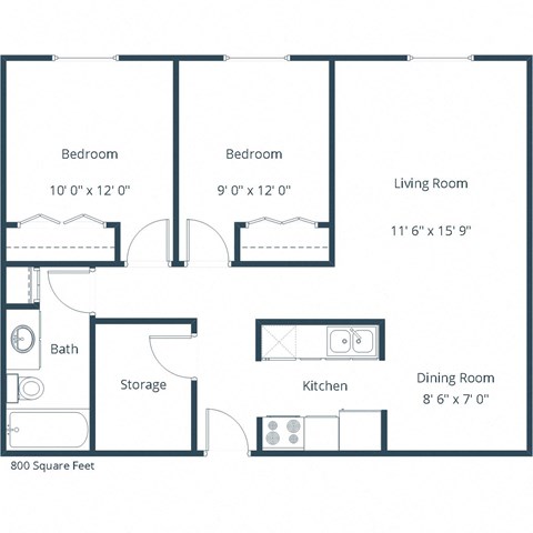Floor plan for 2 beds, 1 bath, 800 sqft