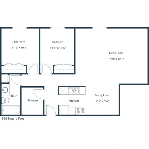 Floor plan for 2 beds, 1 bath, 896 sqft