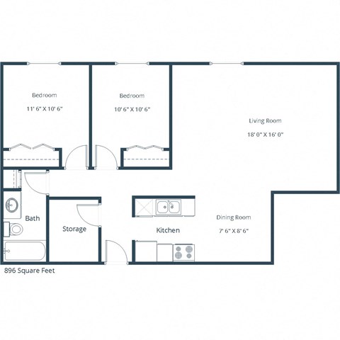 Floor plan for 2 beds, 1 bath, 896 sqft