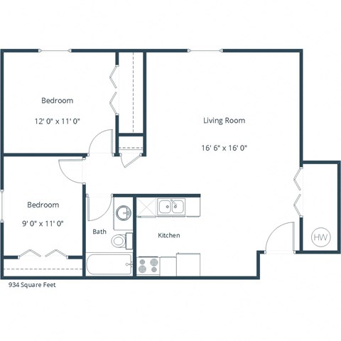 Floor plan for 2 beds, 1 bath, 934 sqft