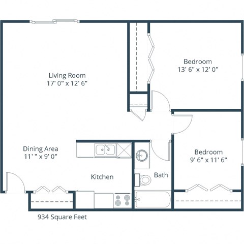 Floor plan for 2 beds, 1 bath, 934 sqft