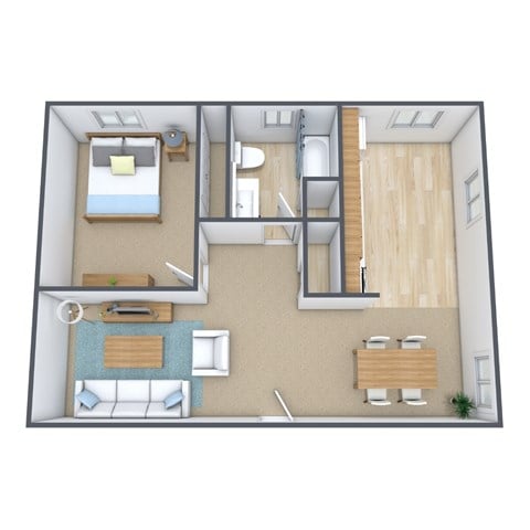 Floor plan for 1 bed, 1 bath, 570 sqft