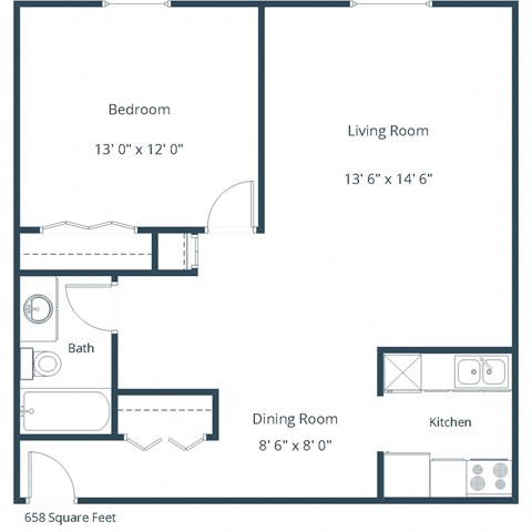 Floor plan for 1 bed, 1 bath, 658 sqft