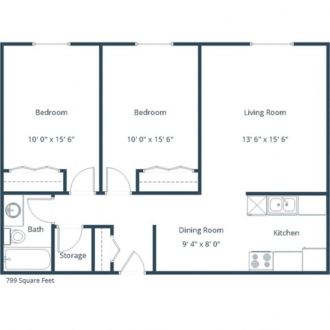 Floor plan for 2 beds, 1 bath, 799 sqft