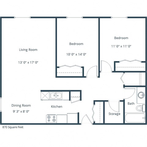 Floor plan for 2 beds, 1 bath, 870 sqft