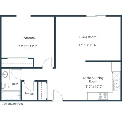 Floor plan for 1 bed, 1 bath, 775 sqft