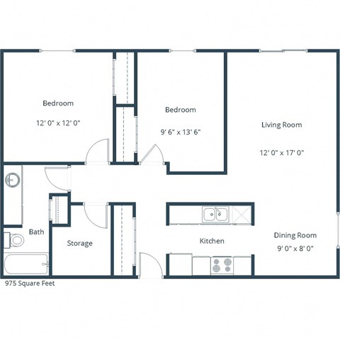 Floor plan for 2 beds, 1 bath, 975 sqft