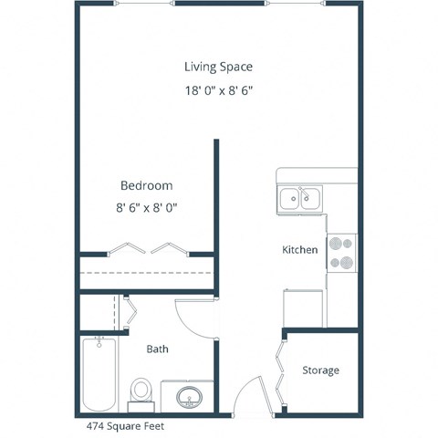 Floor plan for studio, 1 bath, 474 sqft