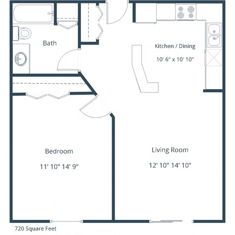 Floor plan for 1 bed, 1 bath, 720 sqft