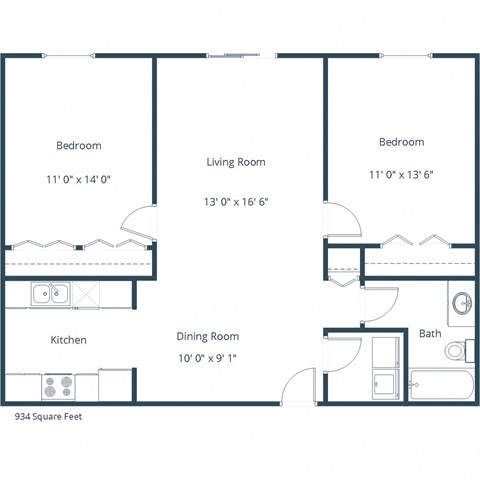 Floor plan for 2 beds, 1 bath, 934 sqft