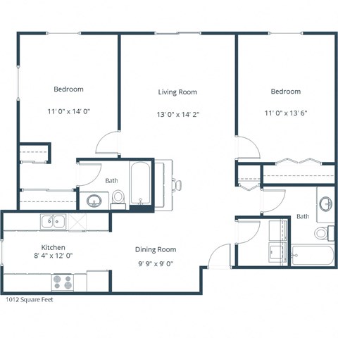 Floor plan for 2 beds, 2 baths, 1012 sqft