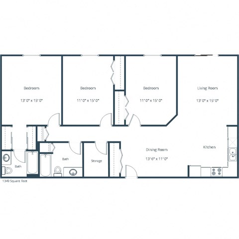Floor plan for 3 beds, 2 baths, 1349 sqft