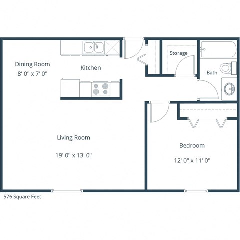 Floor plan for 1 bed, 1 bath, 576 sqft