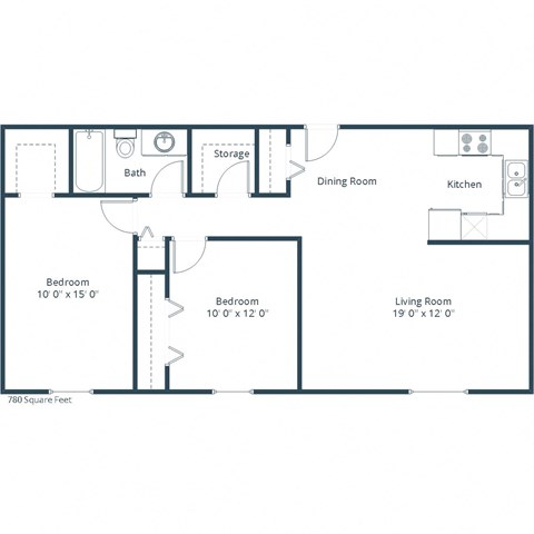 Floor plan for 2 beds, 1 bath, 729 sqft