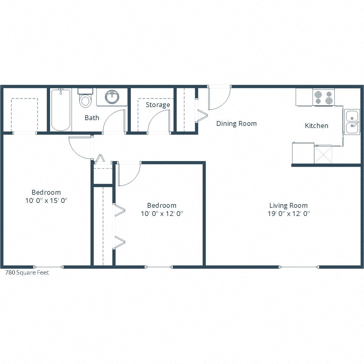 Floor plan for 2 beds, 1 bath, 729 sqft