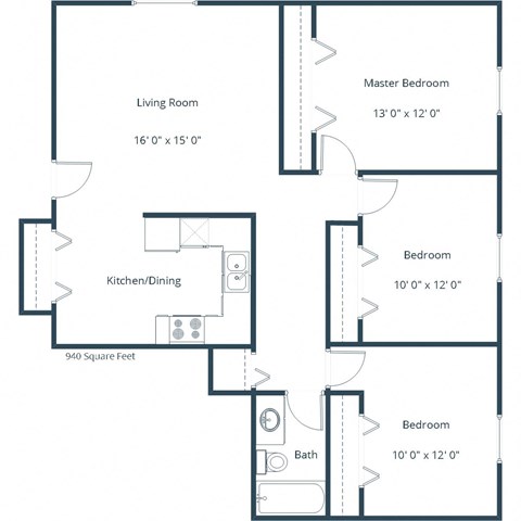 Floor plan for 3 beds, 1 bath