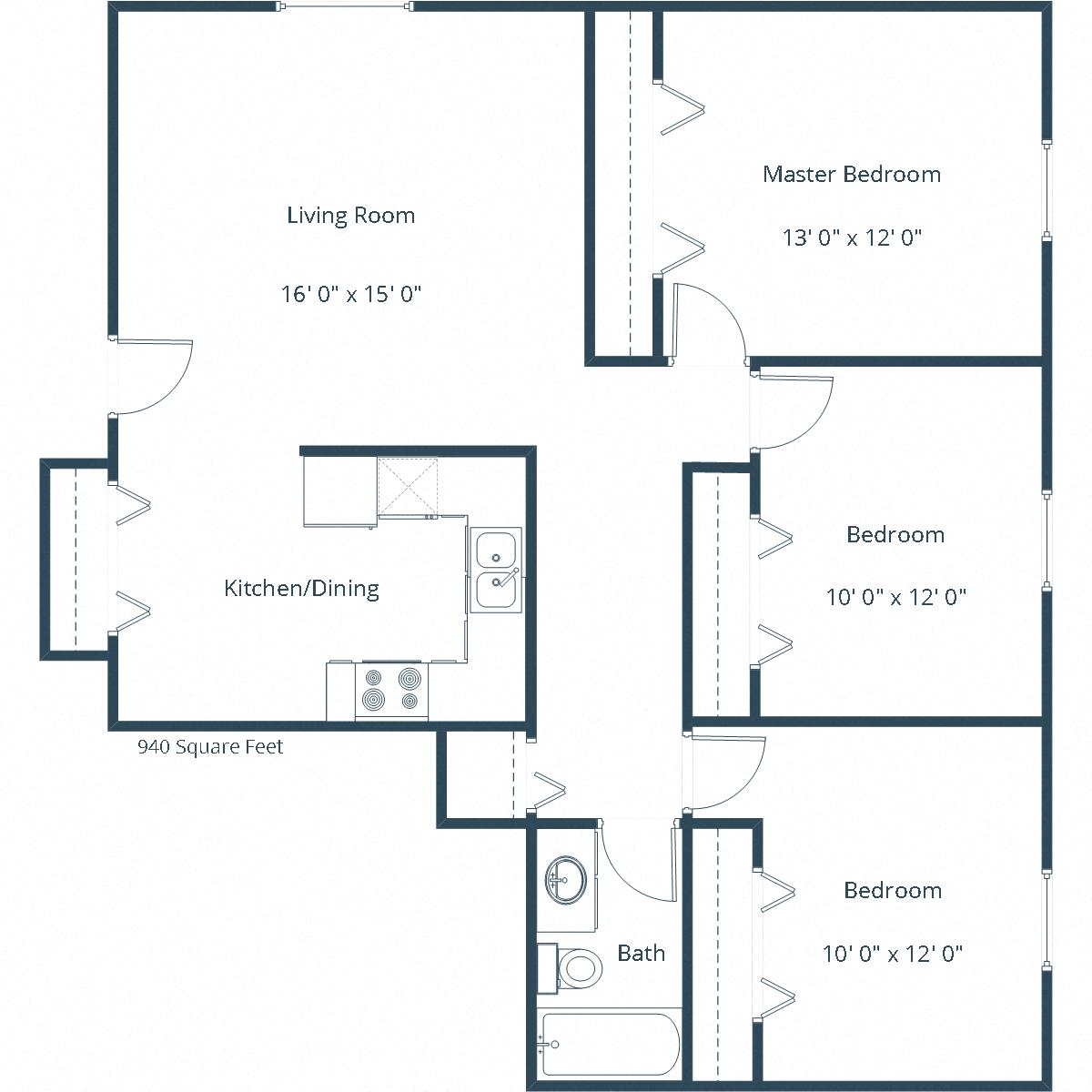 Floor plan for 3 beds, 1 bath
