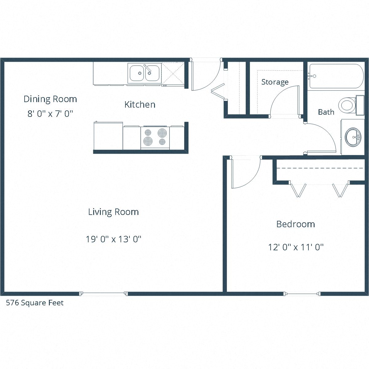 Floor plan for 1 bed, 1 bath, 576 sqft