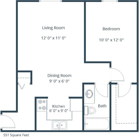 Floor plan for 1 bed, 1 bath, 551 sqft