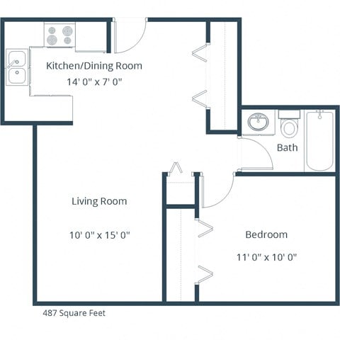 Floor plan for 1 bed, 1 bath, 487 sqft