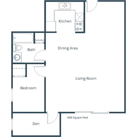Floor plan for 1 bed, 1 bath, 698 sqft
