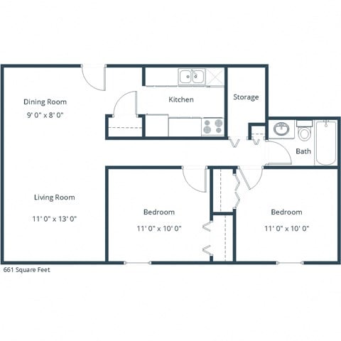 Floor plan for 2 beds, 1 bath, 661 sqft