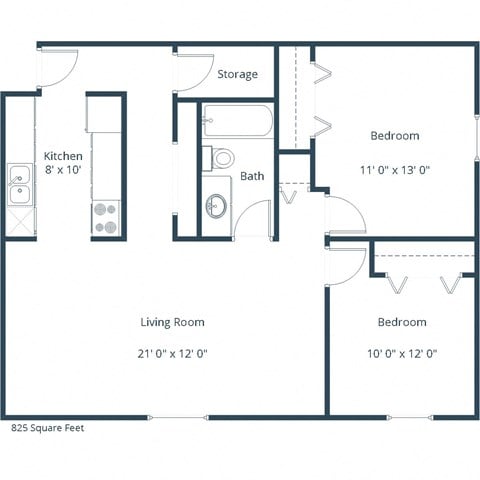 Floor plan for 2 beds, 1 bath, 825 sqft