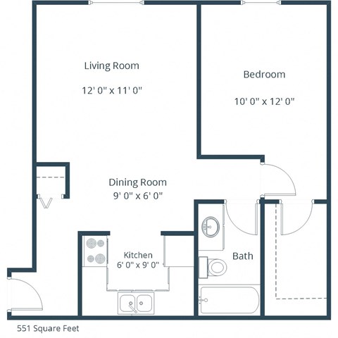 Floor plan for 1 bed, 1 bath, 551 sqft