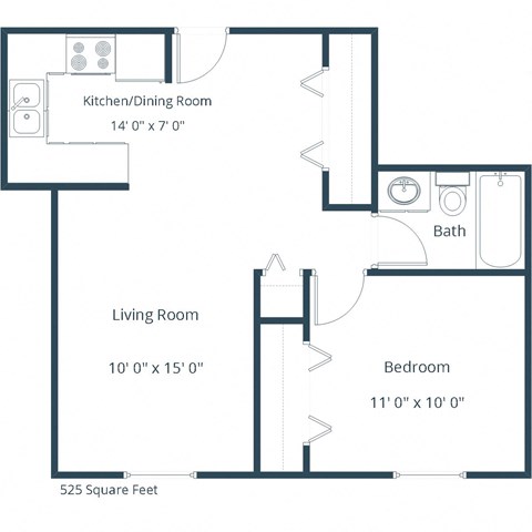 Floor plan for 1 bed, 1 bath, 525 sqft