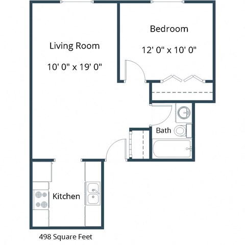 Floor plan for 1 bed, 1 bath, 498 sqft